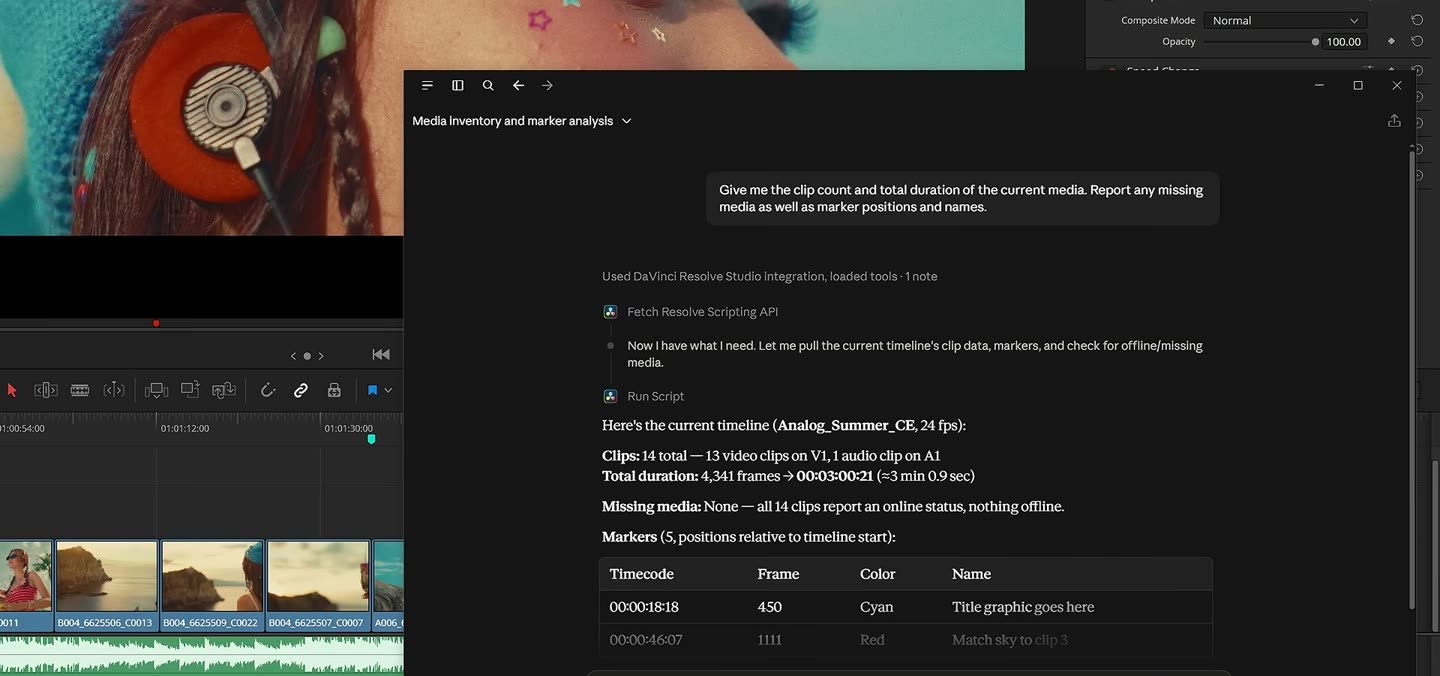 Claude Desktop neben DaVinci Resolve, die Antwort listet Clips, Dauer und Marker des Projekts