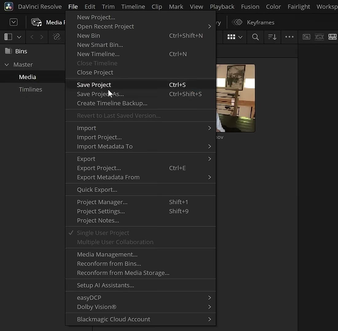 Das Menü File in DaVinci Resolve mit dem Eintrag Setup AI Assistants